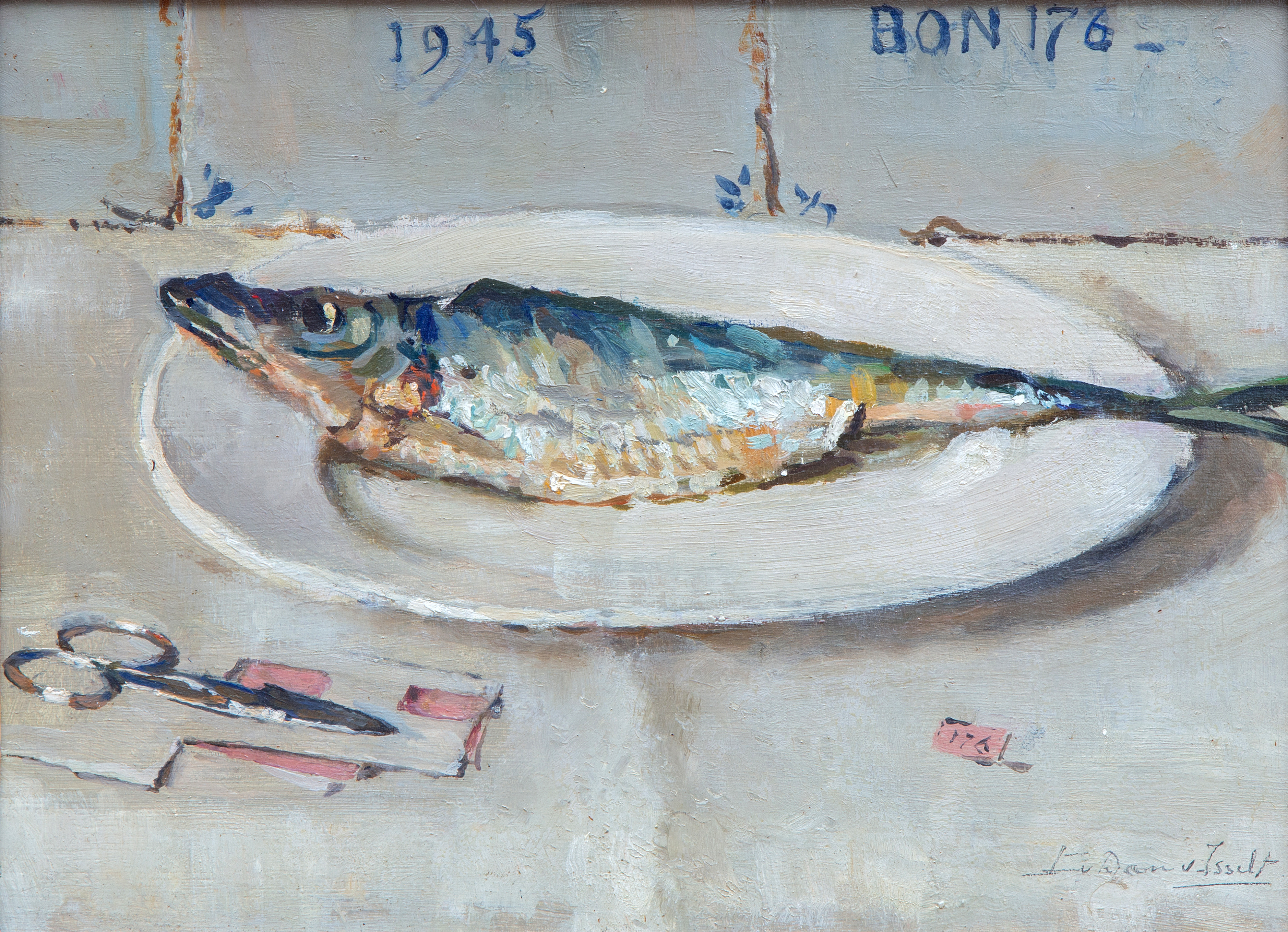 A still life with herring and scissors