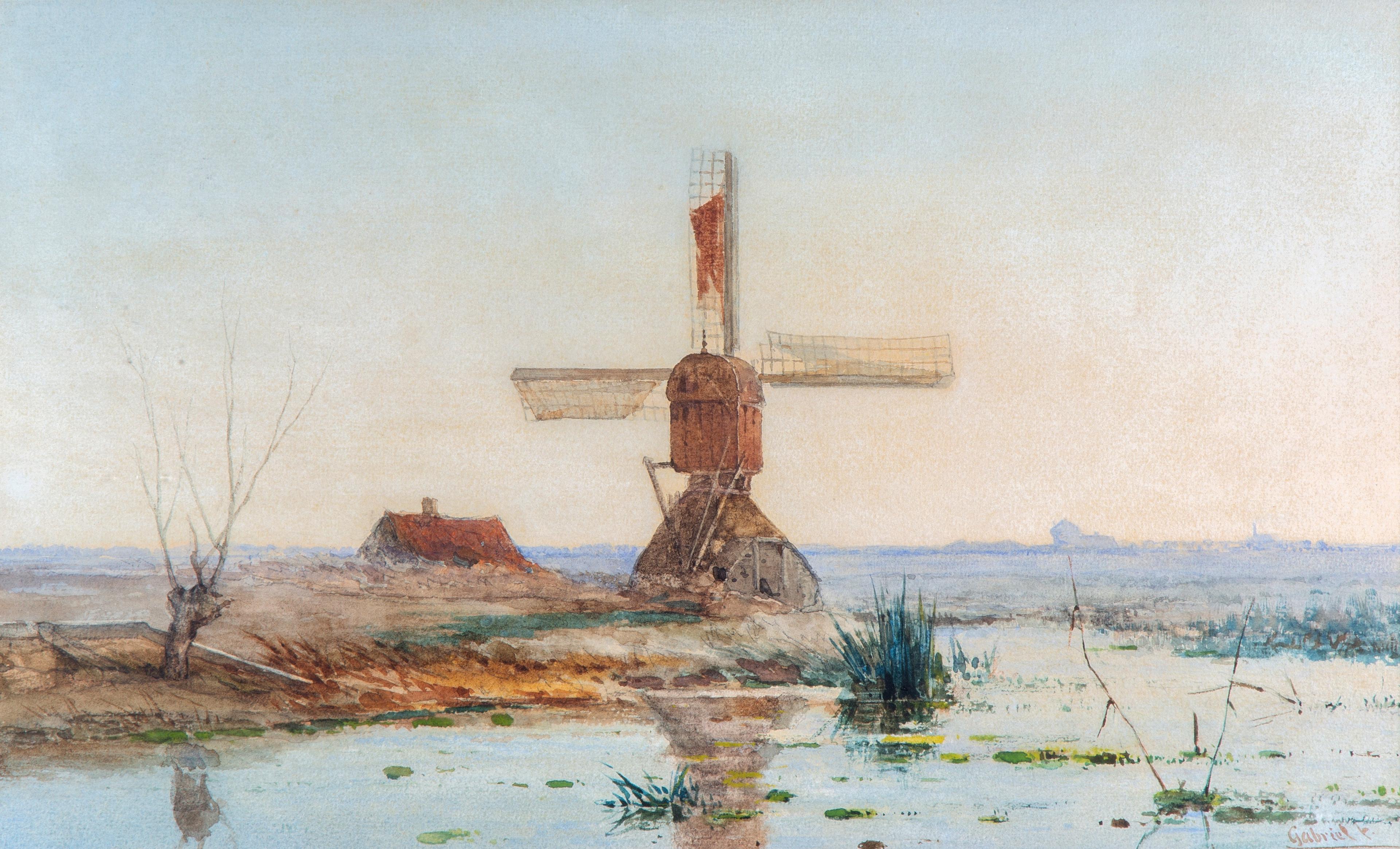 A windmill in a polder landscape