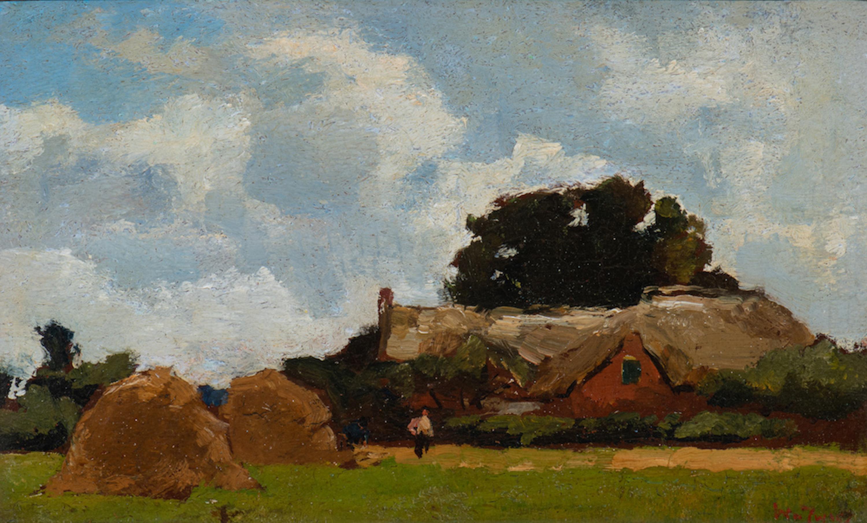 View of a farmhouse with haystacks (circa 1900)