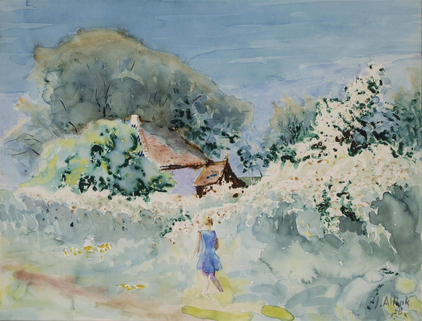 Zomers landschap met meisje in blauwe jurk (1938)