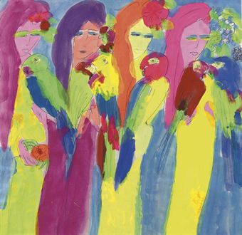 Four women with parrots