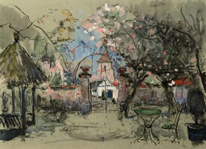 A view of a garden with a village church in the background