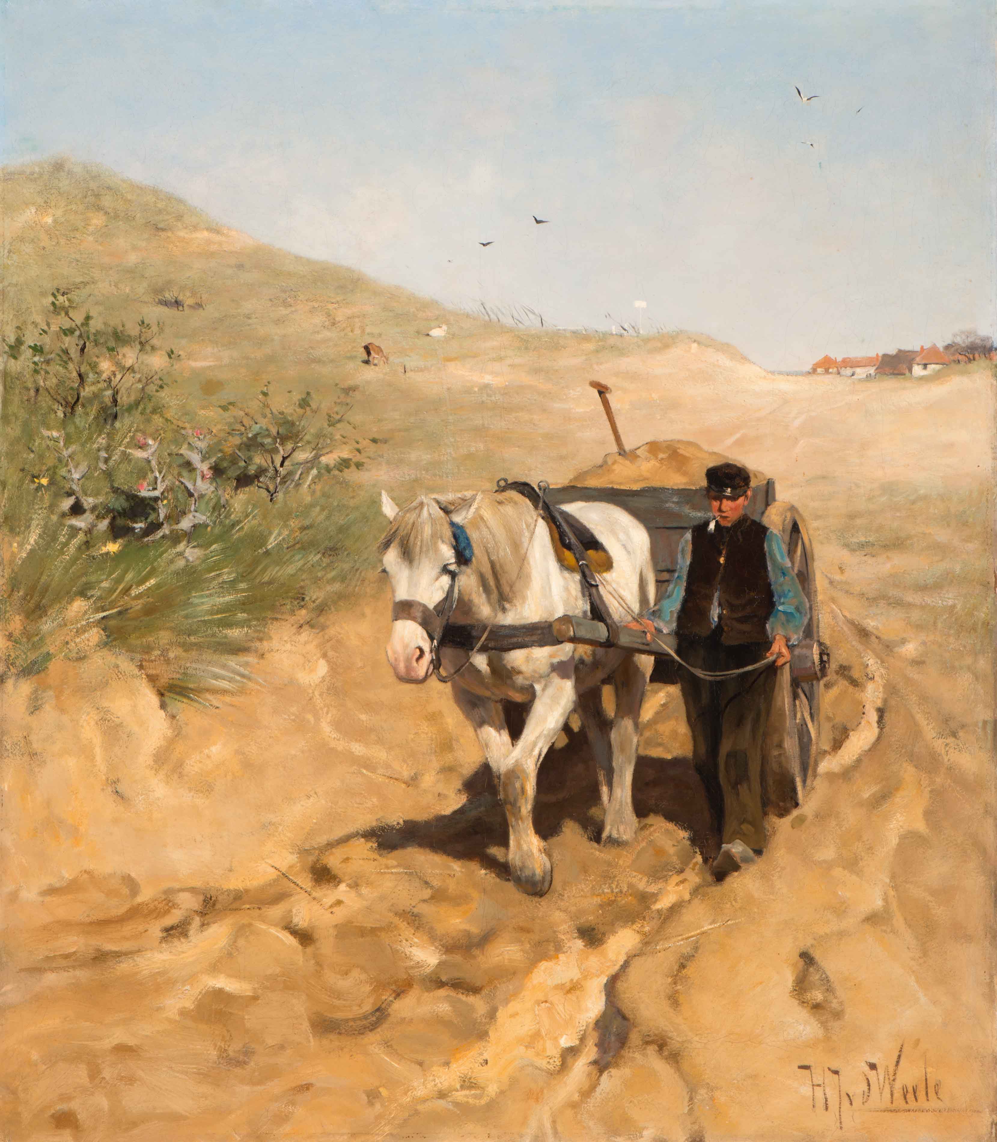 Boer met paard en wagen in de duinen